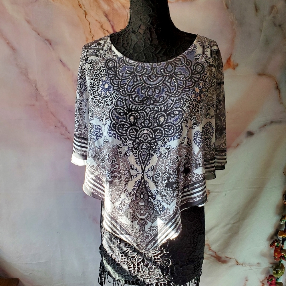 One World Boho Beaded Poncho Top